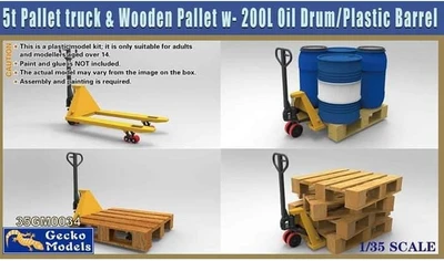 35GM0034  наборы для диорам 5t Pallet Truck & Wooden Pallet 200L Oil Drum and Plastic Barrel (1:35) 4892667350347