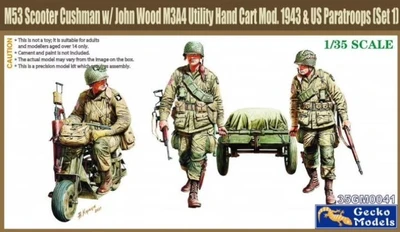 35GM0041  фигуры  M53 Scooter Cushman w/John Wood M3A4 Utility Hand Cart & US Paratroops Set1 (1:35) 4892667350415