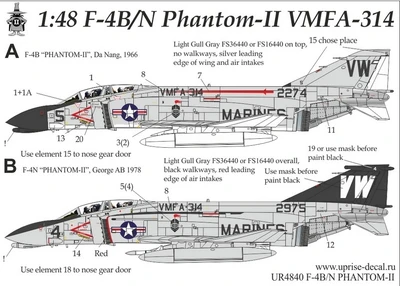 UR4840  декали  F-4B/N Phantom-II VMFA-314 FFA(removable film)  (1:48) 2000002148456