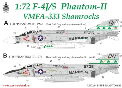 UR7214  декали  F-4J/S Phantom-II VMFA-333, no stencils  (1:72) 2000002141105