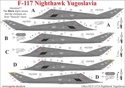 UR72192  декали  F-117 Nighthawk Over Jugoslavia with stecils  (1:72) 2000002141365