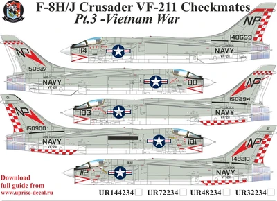 UR72234  декали  F-8H/J Crusader VF-211 Checkmates Pt.3 with stencils  (1:72) 2000002141723