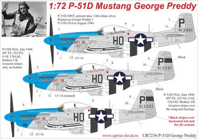 UR7236  декали  P-51D-5/30 Mustang George Preddy, with stencils  (1:72) 2000002141990