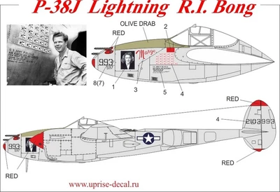 UR7243  декали  P-38J Lightning R.I. Bong, with stencils  (1:72) 2000002142010