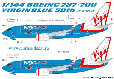 URS14410  декали  Boeing 737-700 Virgin Blue 50th (for Zvezda, with stencils and masks)  (1:144) 2000002149262