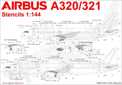 URS1445  декали  Airbus A32x Stencils (for Zvezda)  (1:144) 2000002150572
