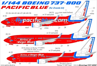 URS1449  декали  Boeing 737-800 Pacific Blue Old (for Zvezda, with stencils and masks  (1:144) 2000002149255