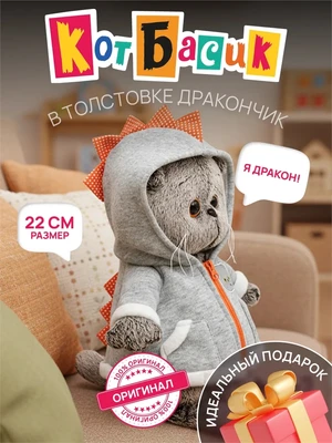 Мягкая игрушка кот Басик в толстовке дракончик 22см 696473664