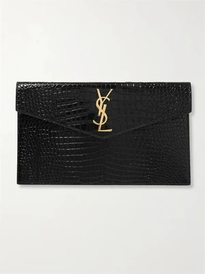 Клатч Uptown из лакированной кожи с тиснением под крокодила SAINT LAURENT, черный 47323796