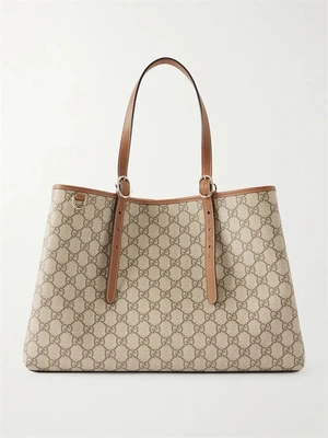 Сумка-тоут из принтованного канваса с покрытием с кожаной отделкой и эмблемой GG GUCCI, бежевый 47338269
