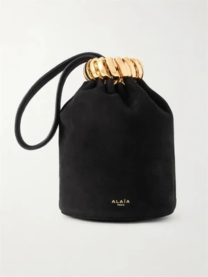 Alaïa Кожаная сумка-ведро из замши с отделкой под золото, черный 47324047
