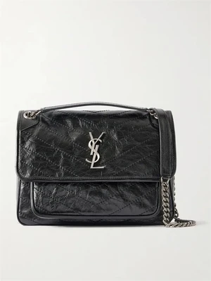 Niki medium crinkled glossed-leather shoulder bag SAINT LAURENT, черный 47345041