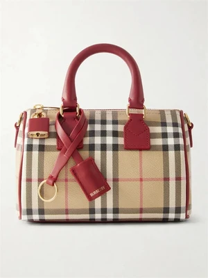 Клетчатая сумка-тоут с кожаной отделкой BURBERRY, красный 47339406