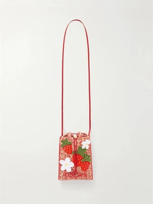 Сумка-ведро LOEWE + Paula's Ibiza из плетеной рафии с вышивкой и кожаной отделкой, красный 47375366