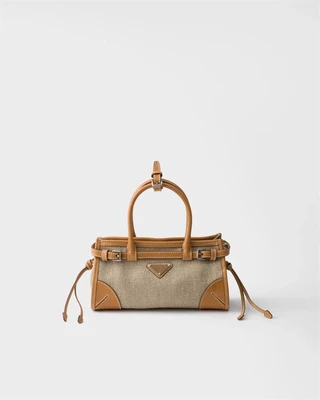 Маленькая льняная и кожаная сумка Prada Bonnie, бежевый 47343327