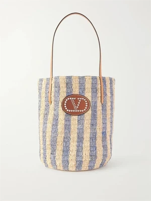 Сумка-ведро из рафии VALENTINO GARAVANI Vlogo Signature небольшая, с декоративным элементом и кожаной отделкой в полоску, голубой 47351207