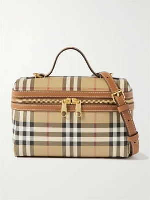 Косметичка-кейс в клетку с кожаной отделкой BURBERRY, коричневый 47359729