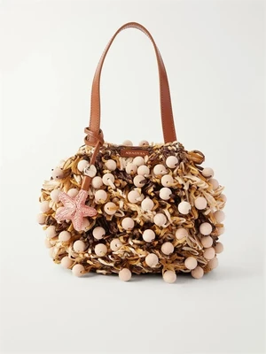 Мини-сумка с кожаной отделкой и бусинами из плетеной рафии Pom Pom Aquazzura, бежевый 47359025