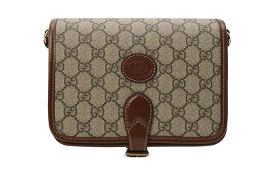 Унисекс сумка через плечо Gucci с фирменным принтом и кожаной окантовкой, бежевая 4547069