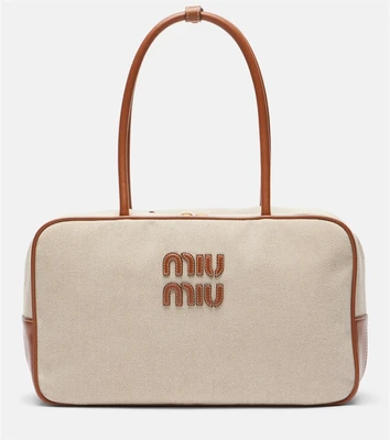 Сумка-тоут из холста с кожаной отделкой Beau Miu Miu, Naturale+Brandy 25634447