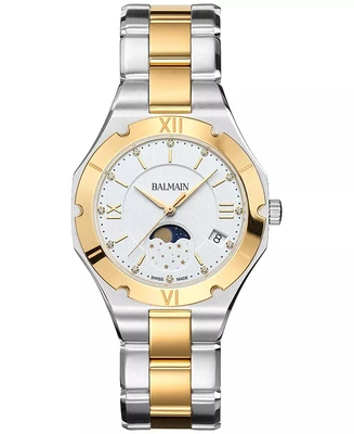 Женские часы-браслет Swiss Be Balmain Moonphase Diamond (1/20 ct. t.w.) из двухцветной нержавеющей стали, 33 мм 25219570
