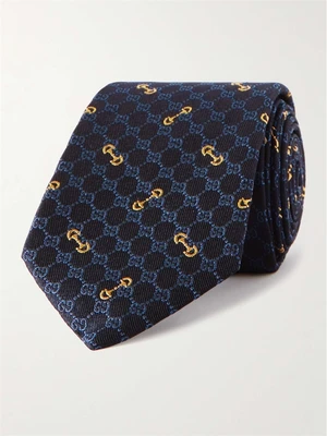 Шелковый жаккардовый галстук шириной 7 см с вышитым логотипом GUCCI, синий 2089726