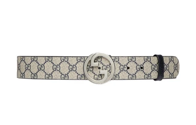 Ремень кожаный Gucci Blondie мужской, бежевый / синий 14000863