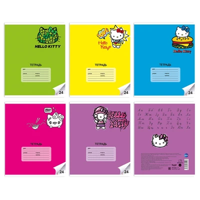 74542 Тетрадь Hello Kitty, формат А5, на скрепке, 24 листа, линейка с полями, внутренний блок офсет 60-65 г, 92% белизна, обложка мелованный картон + ВД-лак, 5 дизайнов в спайке 530461615