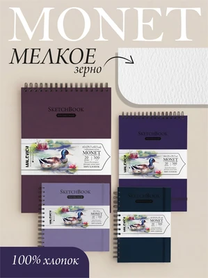 Скетчбук для акварели Малевичъ Monet 300 г/м, мелкое зерно, спираль, 20л, форматы в ассортименте 660590642