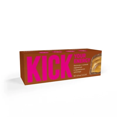 Батончик “KICK energy” арахисовый с соленой карамелью в карамельном шоколаде 45г, НОВИНКА 12 мес, 1/10 19928