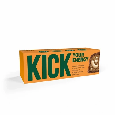 Батончик “KICK energy” кешью с какао и маслом апельсина в карамельном шоколаде 45г 19929