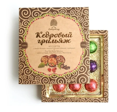 Конфеты “Кедровый грильяж” ассорти яблоко, шишка, черёмуха 120г 16725