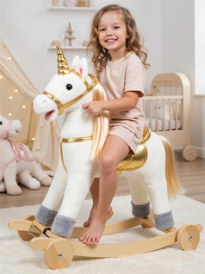Единорог каталка-качалка AMAROBABY (Unicorn), с колесами, белый/золотой AMARO-28UNI-BeZo