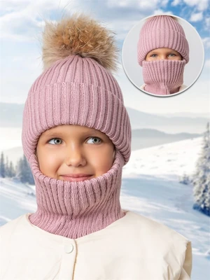 Шапка балаклава с меховым помпоном детская Amarobaby Pure Love Pompon вязаная, пудровый AB-OD24-PLPO16/27-50
