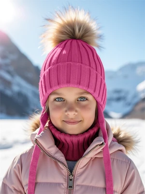 Шапка с помпоном на завязках со снудом детская Amarobaby Pure Love Snow вязаная, фуксия AB-OD24-PLSN16/25-44