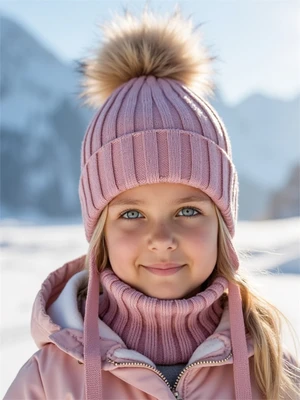 Шапка с помпоном на завязках со снудом детская Amarobaby Pure Love Snow вязаная, пудровый AB-OD24-PLSN16/27-44