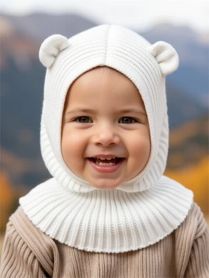 Шапка шлем с ушками мишки детская Amarobaby Pure Love Snug вязаная, молочный AB-OD24-PLS16/33-44