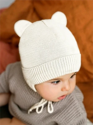 Шапка детская вязаная Amarobaby Pure Love BEAR WINTER, зимняя, с утеплителем, молочная AB-OD22-PLBW16/33-38