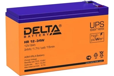 Батарея DELTA серия HR-W, HR 12-34 W, напряжение 12В, емкость 9Ач (разряд 20 часов), макс. ток разряда (5 сек.) 160А, макс. ток заряда 2.7А, свинцово-кислотная типа AGM, клеммы F2, ДxШxВ 151х65х94мм., вес 2.62кг., срок службы 8 лет./ Battery DELTA series 352340492