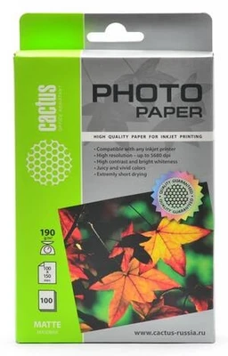 Бумага белый Cactus 10x15/190г/м2/100л./белый матовое, CS-MA6190100 70825273
