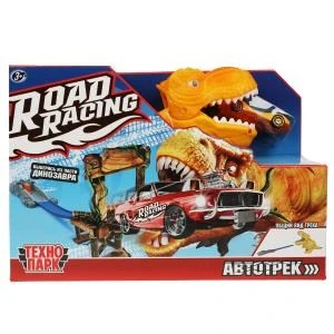 Игрушка пластик ROAD RACING автотрек с динозавром. 1 машинка, кор. Технопарк RR-TRK-157-R