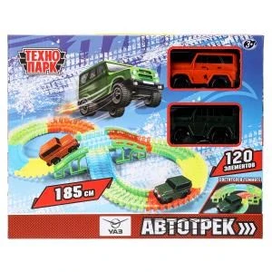 Игрушка пластик UAZ восьмерка 2 машинки 10 см,свет,автотрек на бат.,кор. Технопарк TRACK-HUNTER-2