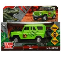 Машина металл UAZ HUNTER ДИНОЗАВРЫ 11,5 см, двер, багаж, ин, салатовый, кор. Технопарк HUNTER-12DIN-GN
