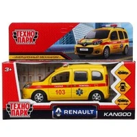 Машина металл RENAULT KANGOO РЕАНИМАЦИЯ 12 см, двери, багаж, желтая, в кор.. Технопарк KANGOO-12AMB-YE
