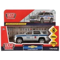 Машина металл CHEVROLET TAHOE ПОЛИЦИЯ длина 12 см, двери, багаж, инерц, кор. Технопарк TAHOE-P
