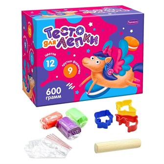 Набор Для Творчества Тесто для лепки в коробке, тесто 600 гр, 12 цветов, 9 форм, скалка П118 996-027
