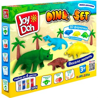 Набор для творчества Масса для лепки Joy Doh набор DINO SET - ДИНОЗАВРИКИ, 3d формы , 9 аксессуаров, 4 баночки с тестом DINO-200 pot/12/ 989-573