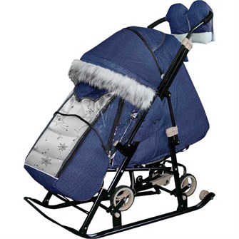 Санки коляска Galaxy Glory Gloss Лён синий + светоотражающая ткань 266-449