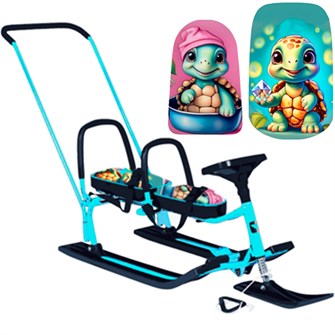 Снегокат 505 высокий SNOWKAT TWINS BABY PUSH для двоих, с 2 скл. спинк. П-обр толкатель Черепашки 266-410
