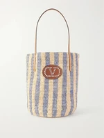 Сумка-ведро из рафии VALENTINO GARAVANI Vlogo Signature небольшая, с декоративным элементом и кожаной отделкой в полоску, голубой 47351207